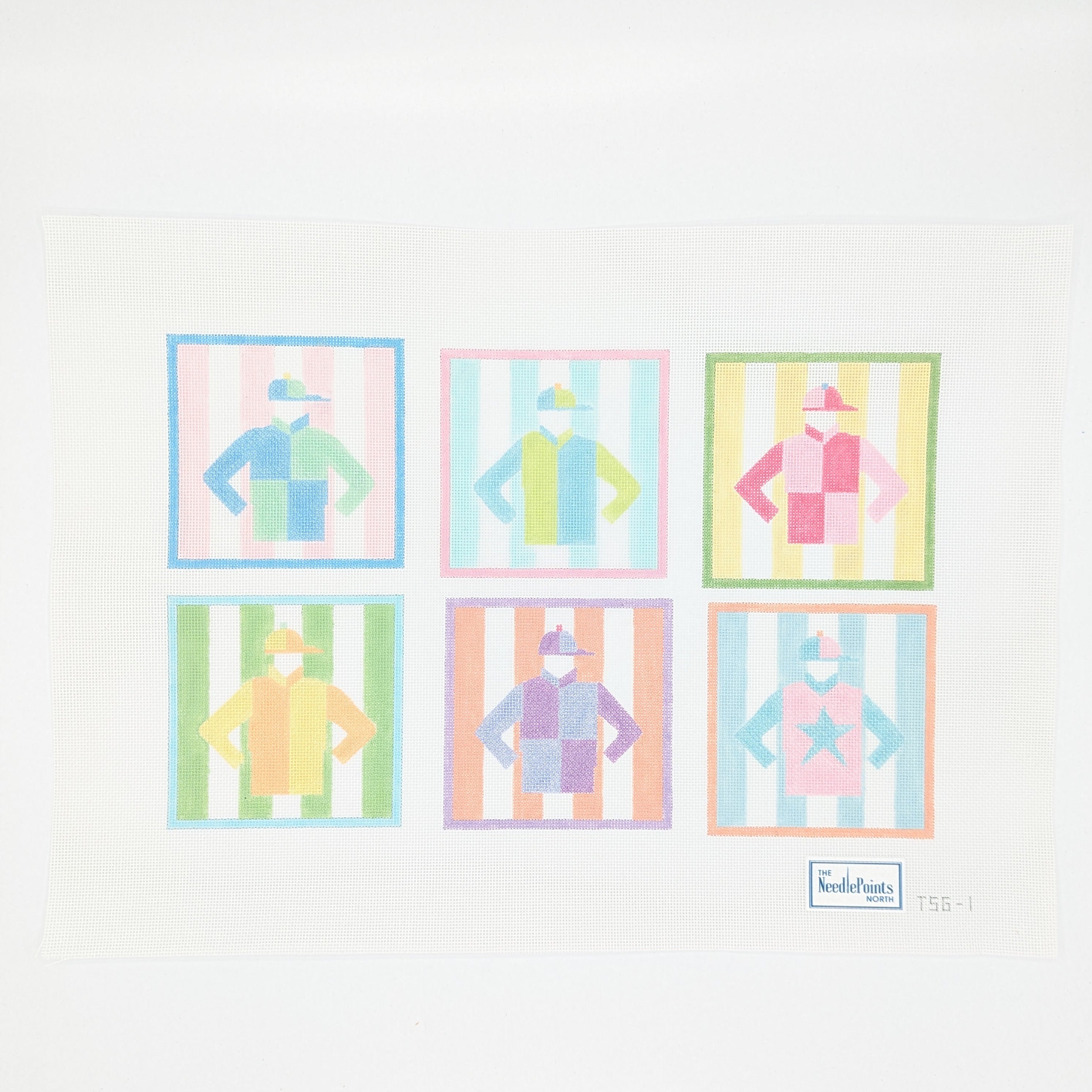 Set of six colorful jockey coasters on a needlepoint canvas