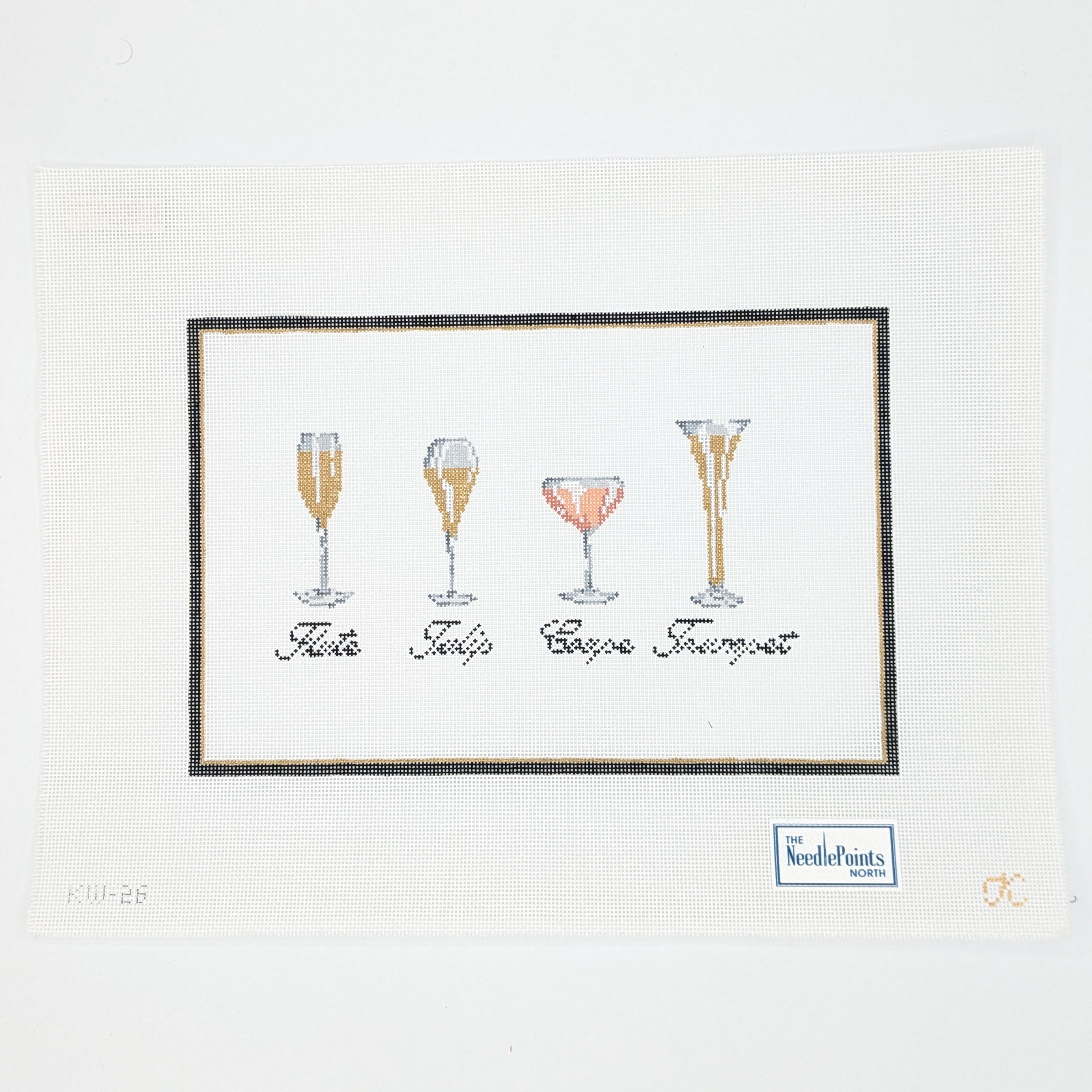 Needlepoint Canvas of four champagne glasses with different levels of alcohol content on a white background.