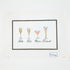 Needlepoint Canvas of four champagne glasses with different levels of alcohol content on a white background.