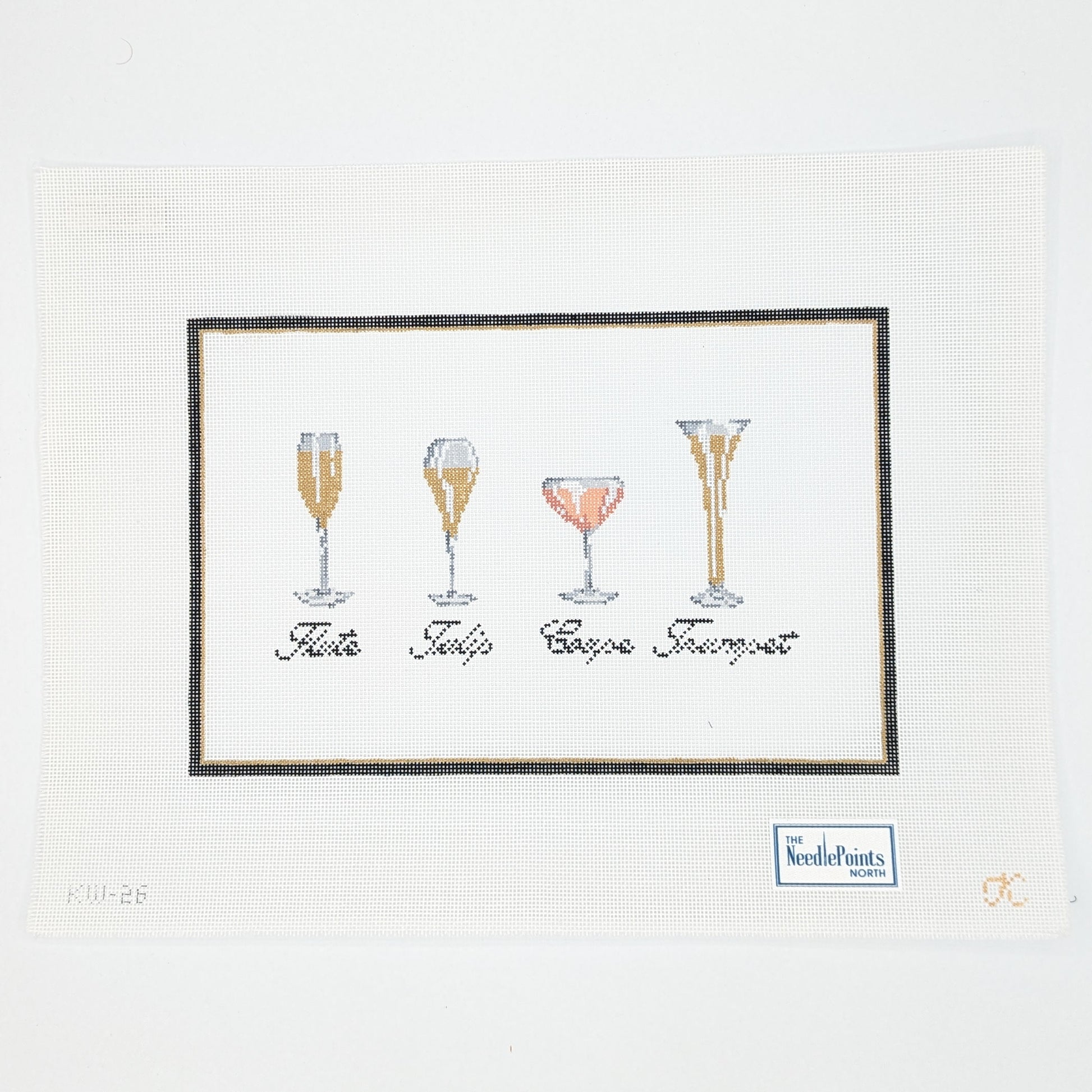 Needlepoint Canvas of four champagne glasses with different levels of alcohol content on a white background.