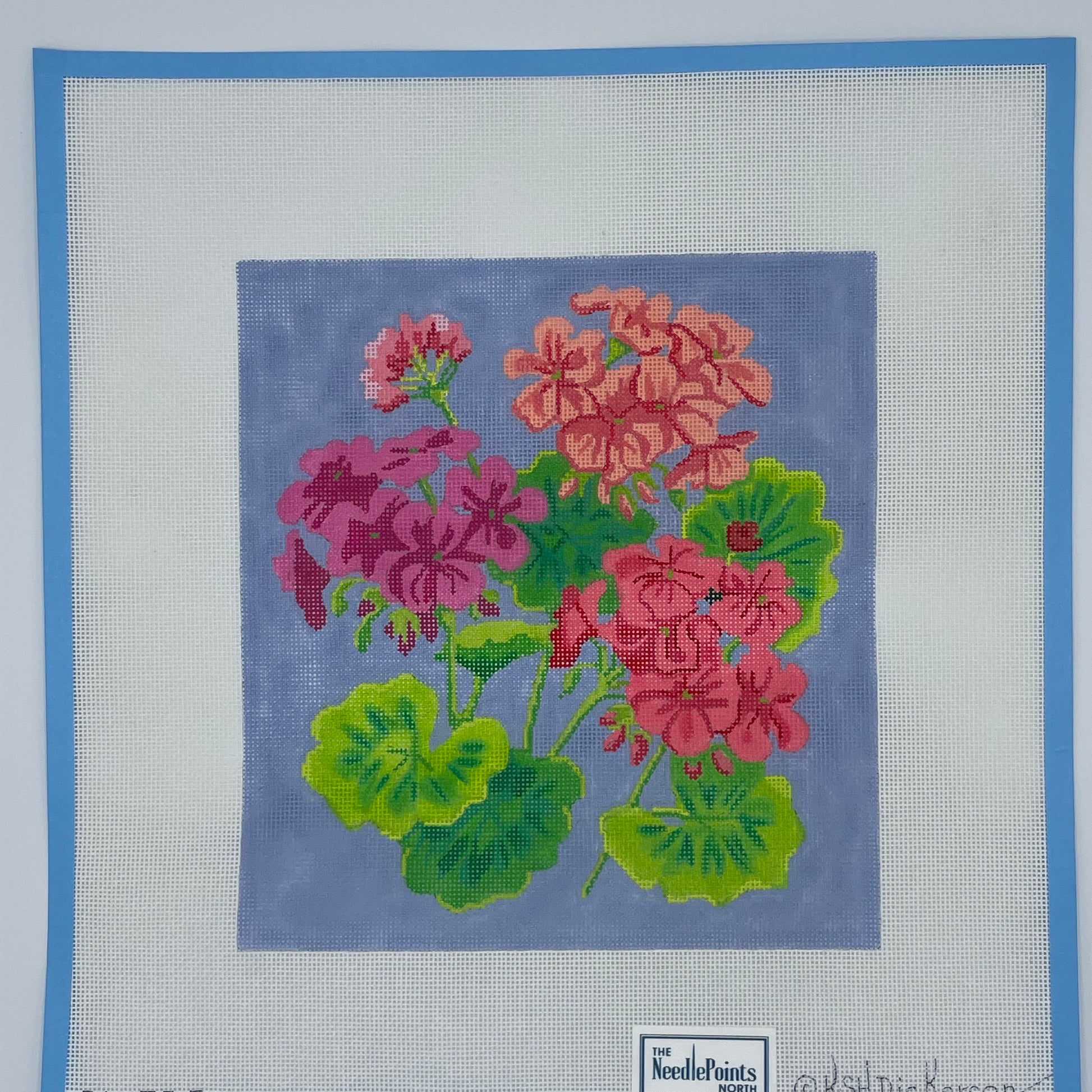 Bright Geraniums on Periwinkle Blue