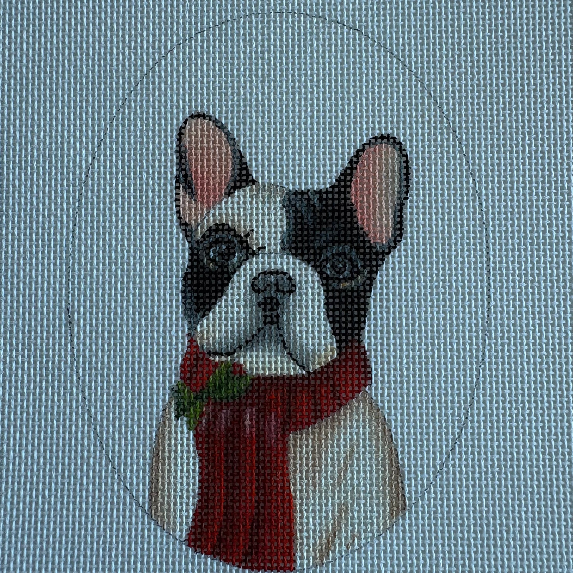 Frenchie with Scarf & Holly Bow